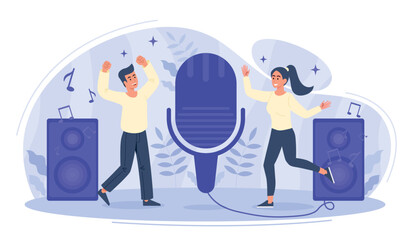 Sound record concept. Man and woman next to large microphone. Characters create interesting content. Poster or banner for website. Disco and party, entertainment. Cartoon flat vector illustration