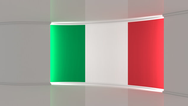 TV studio. Italy flag studio. Italy flag background. News studio. The perfect backdrop for any green screen or chroma key video or photo production. 3d render. 3d