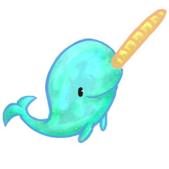 Crayon narwhal whale illustration with white background. Hand-drawing realistic underwater animal art.