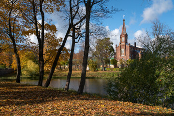 View of the Lutheran Church of the Resurrection of Christ in Tsarskoye Selo on the bank of the 4th...