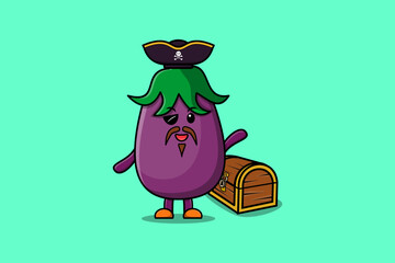 Cute cartoon character Eggplant pirate with treasure box illustration in modern style design