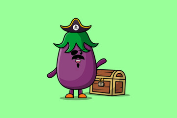 Cute cartoon character Eggplant pirate with treasure box illustration in modern style design
