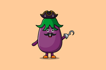 Cute cartoon pirate Eggplant with hook hand in 3d modern style design