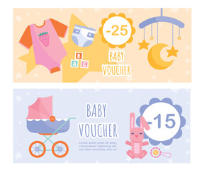 Baby goods voucher set. Collection of gift certificates. Ads and marketing, discounts and promotions, special offer and loyality. Cartoon flat vector illustrations isolated on white background