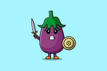 Cute cartoon character Eggplant holding sword and shield in modern style design
