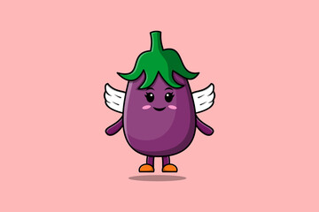 Cute cartoon Eggplant character wearing wings in modern style design illustration