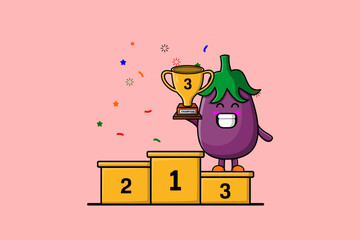 Fototapeta premium Cute Cartoon character illustration of Eggplant is holding up the golden trophy in illustration