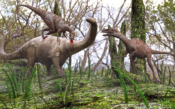 Dinosaur Attack Scene: A 3D illustration of two Ornitholestes dinosaurs attacking a young brontosaurus.