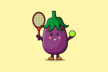 Cute cartoon Eggplant character playing tennis field in flat cartoon style illustration