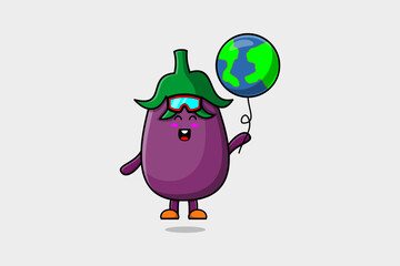 Cute cartoon Eggplant floating with balloon cartoon vector illustration concept flat cartoon style