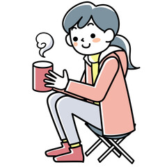 アウトドアで座って飲み物を飲む若い女性