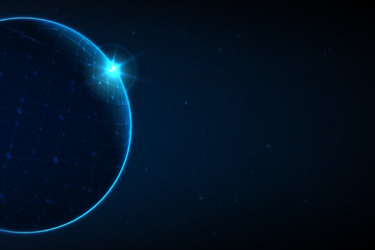 planet with network connection and light flare in space, vector illustration