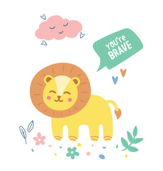 Baby lion funny. Predator or mammal, danger and king of beasts. Sticker for social networks and messengers. Minimalistic childrens drawing, creativity and art. Cartoon flat vector illustration