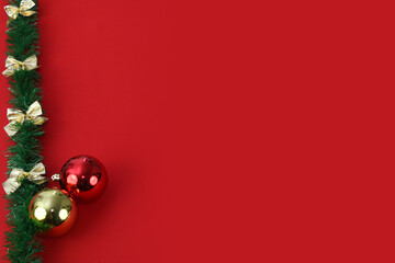 Merry Christmas image with red background and christmas ornaments on left.