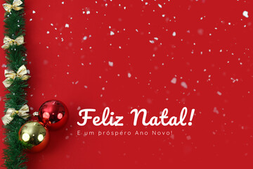 Merry Christmas image with red background and christmas ornaments on top. Translation: 