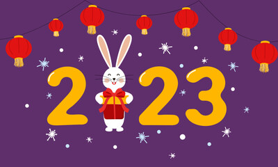 Chinese New Year. Year of the rabbit, the rabbit. White rabbit with a gift. Postcard, banner for the new year 2023.
