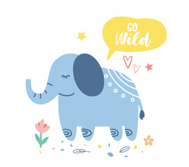 Baby elephant funny. Large gray animal with ears and trunk, charming character, toy or mascot for children. Motivational quote, optimism and positivity, mental health. Cartoon flat vector illustration