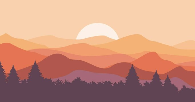 animated natural background of mountains and dense forests of red gradient color with a round sun