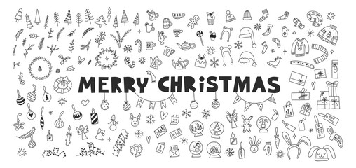 Christmas doodle clipart collection. Cozy winter and happy new year concept. Hand drawn cute xmas elements vector illustration set.