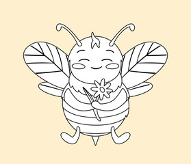 Bee line icon. Charming and cute character with flowers. Flora and fauna, insect and biology. Sticker for social networks and messengers in minimalist style. Cartoon flat vector illustration