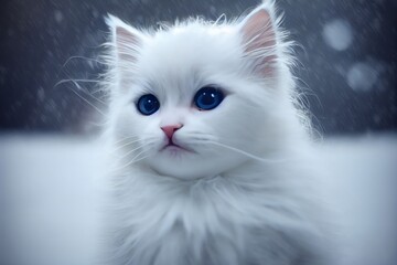 Fototapeta premium Photorealistic illustration of a white longhair kitten in the snow