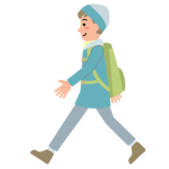 リュックを背負って歩く笑顔の若い男性