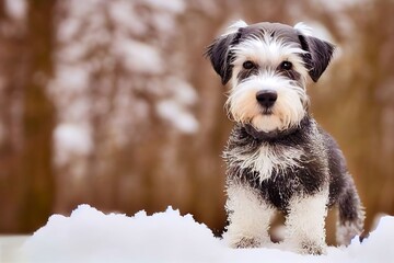 Photorealistic illustration of a schnauzer puppy in the snow - obrazy, fototapety, plakaty