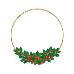 Holly berries wreath and brown round graphic element design on white background.