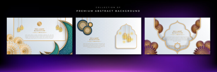 Luxury ramadan kareem background with white and gold mandala pattern, border, crescent moon, lantern, arabic pattern and calligraphy. Realistic vector illustration