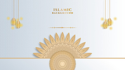 Luxury ramadan kareem background with white and gold mandala pattern, border, crescent moon, lantern, arabic pattern and calligraphy. Realistic vector illustration