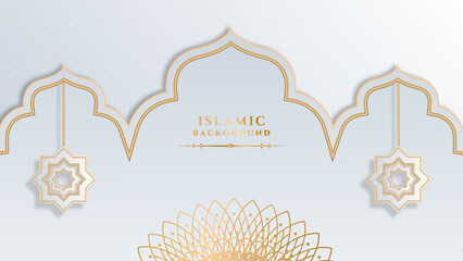 Luxury ramadan kareem background with white and gold mandala pattern, border, crescent moon, lantern, arabic pattern and calligraphy. Realistic vector illustration