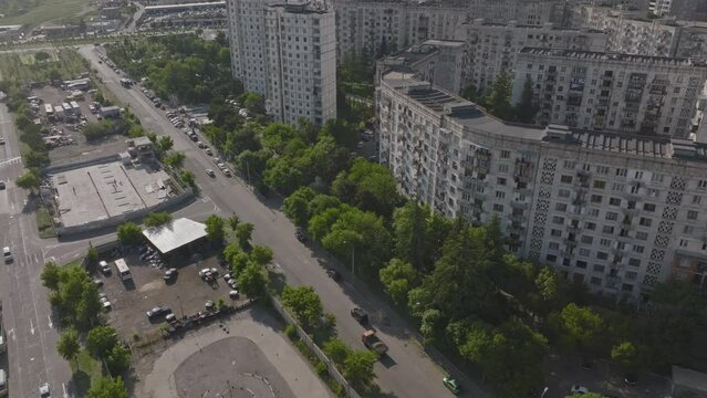 Aerial drone shot showing multiple residential highrise towers