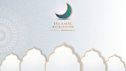 Luxury ramadan kareem background with white and gold mandala pattern, border, crescent moon, lantern, arabic pattern and calligraphy. Realistic vector illustration