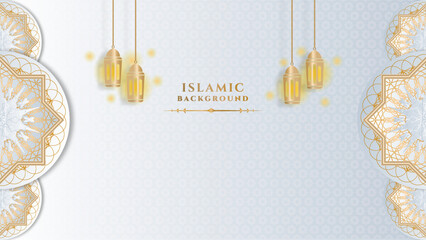 Luxury ramadan kareem background with white and gold mandala pattern, border, crescent moon, lantern, arabic pattern and calligraphy. Realistic vector illustration
