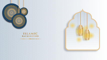 Luxury ramadan kareem background with white and gold mandala pattern, border, crescent moon, lantern, arabic pattern and calligraphy. Realistic vector illustration