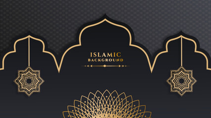 Luxury ramadan kareem background with black and gold mandala pattern, border, crescent moon, lantern, arabic pattern and calligraphy. Realistic vector illustration