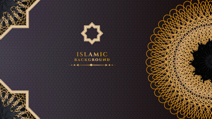 Luxury ramadan kareem background with black and gold mandala pattern, border, crescent moon, lantern, arabic pattern and calligraphy. Realistic vector illustration