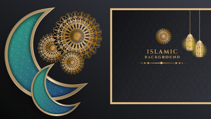 Luxury ramadan kareem background with black and gold mandala pattern, border, crescent moon, lantern, arabic pattern and calligraphy. Realistic vector illustration