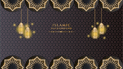 Luxury ramadan kareem background with black and gold mandala pattern, border, crescent moon, lantern, arabic pattern and calligraphy. Realistic vector illustration