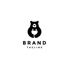 Playful Electric Bear Logo Design. Illustration of Bear Holding Cable Head Logo Design.