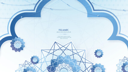 Blue green three dimensional ramadan background with arabic ornamental mandala pattern and mosque. Vector illustration for presentation design, flyer, social media cover, web banner, greeting card