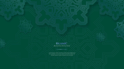 Blue green three dimensional ramadan background with arabic ornamental mandala pattern and mosque. Vector illustration for presentation design, flyer, social media cover, web banner, greeting card