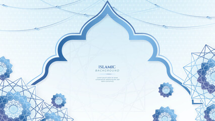 Blue green three dimensional ramadan background with arabic ornamental mandala pattern and mosque. Vector illustration for presentation design, flyer, social media cover, web banner, greeting card