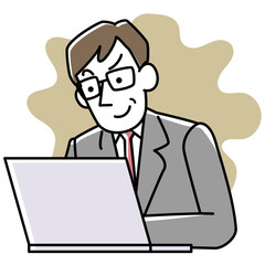 パソコンを見ながらほくそ笑むスーツ姿の男性