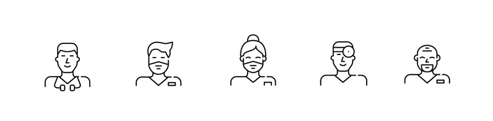 Medical professionals. Hospital staff icons. Nurses and doctors. Pixel perfect, editable stroke line