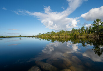 Beautiful autumn cloudscape over Pine Glades Lake in Everglades National Park, Florida on sunny morning.