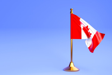 Realistic national flag of  Canada. on steel pole on blue isolated background.  Blank table flag , suitable for design, mockup. 3D illustration.
