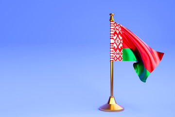 Realistic national flag of  Belarus . on steel pole on blue isolated background.  Blank table flag , suitable for design, mockup. 3D illustration.