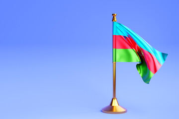 Realistic national flag of  Azerbaijan. on steel pole on blue isolated background.  Blank table flag , suitable for design, mockup. 3D illustration.