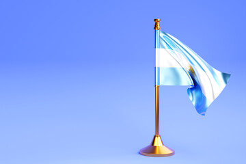 Realistic national flag of Argentina. on steel pole on blue isolated background.  Blank table flag , suitable for design, mockup. 3D illustration.